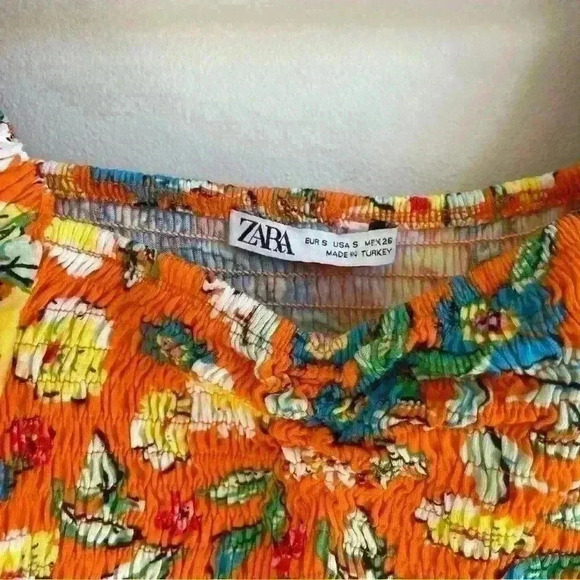 Zara Multicolored Orange Floral Print Puff Sleeves Flounce Top Size  S - Picture 6 of 7